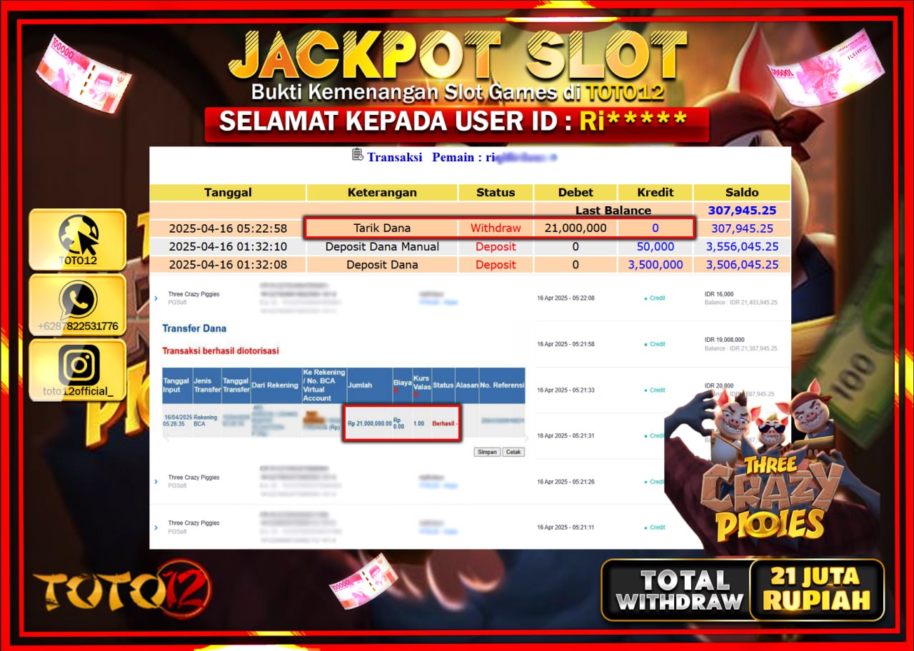 HANYA DI TOTO12 JP PASTI DI BAYAR LUNAS DAN CEPAT!!!!!! JACKPOT SLOT GAME (THREE CRAZY PIGGIES) Rp.21.000.000 !!!!