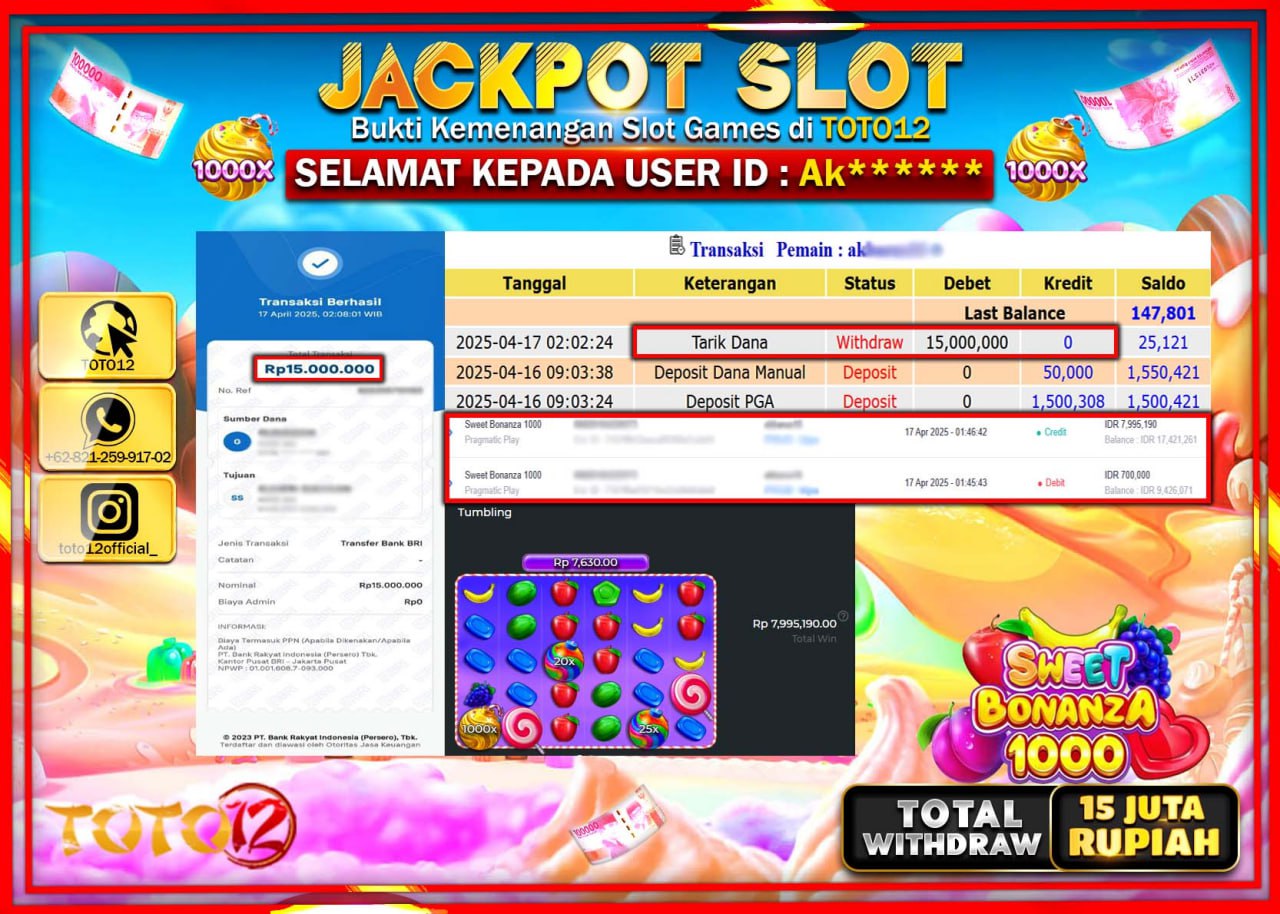 HANYA DI TOTO12 JP PASTI DI BAYAR LUNAS DAN CEPAT!!!!!! JACKPOT SLOT GAME (SWEET BONANZA 1000) Rp.15.000.000 !!!!
