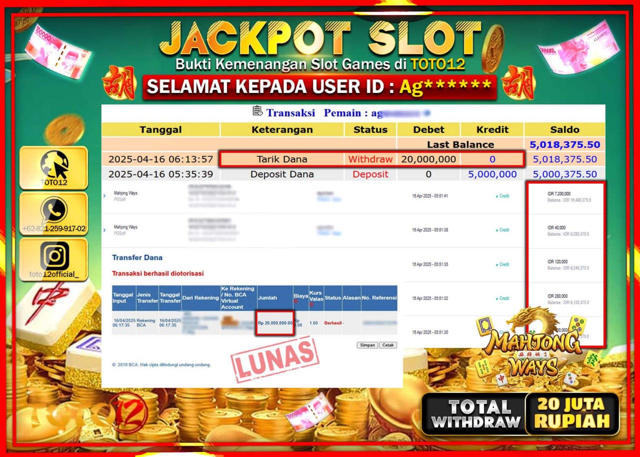 HANYA DI TOTO12 JP PASTI DI BAYAR LUNAS DAN CEPAT!!!!!! JACKPOT SLOT GAME (MAHJONG WAYS) Rp.20.000.000 !!!!