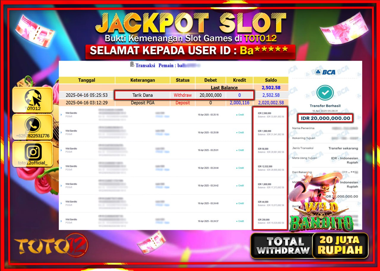 HANYA DI TOTO12 JP PASTI DI BAYAR LUNAS DAN CEPAT!!!!!! JACKPOT SLOT GAME (WILD BANDITO) Rp.20.000.000 !!!!