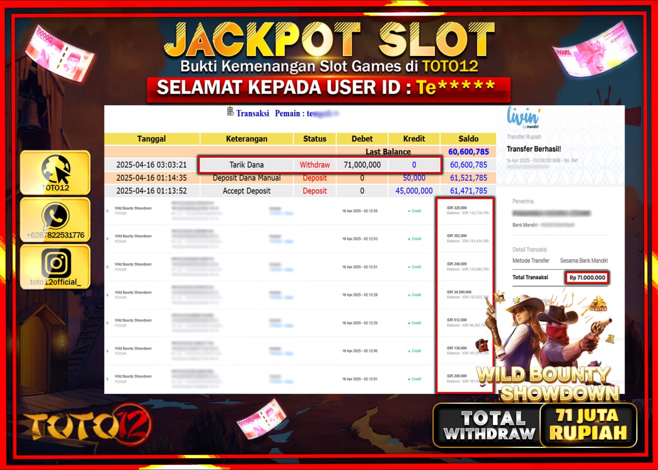 HANYA DI TOTO12 JP PASTI DI BAYAR LUNAS DAN CEPAT!!!!!! JACKPOT SLOT GAME (WILD BOUNTY SHOWDOWN) Rp.71.000.000 !!!!
