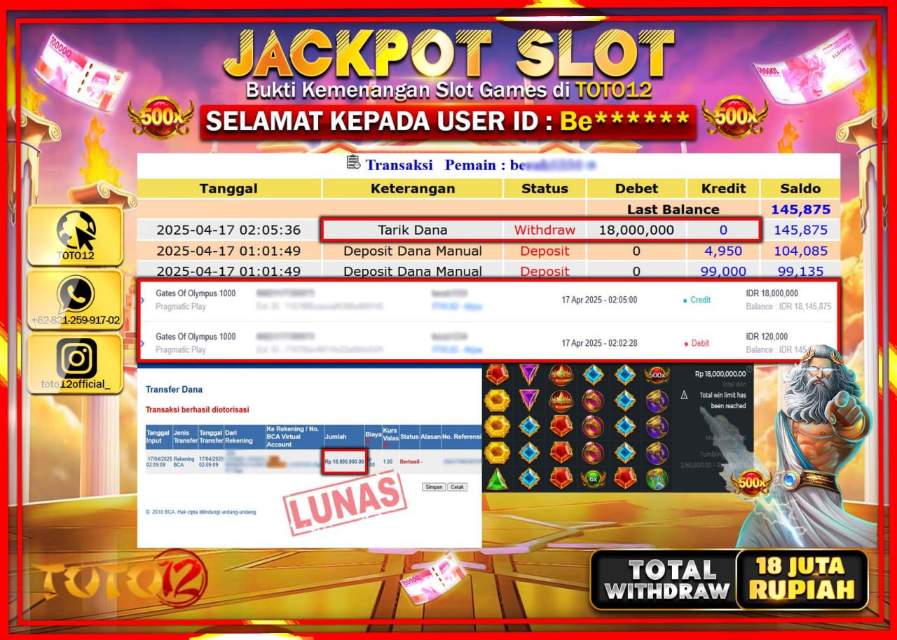 HANYA DI TOTO12 JP PASTI DI BAYAR LUNAS DAN CEPAT!!!!!! JACKPOT SLOT GAME (GATES OF OLYMPUS 1000) Rp.18.000.000 !!!!