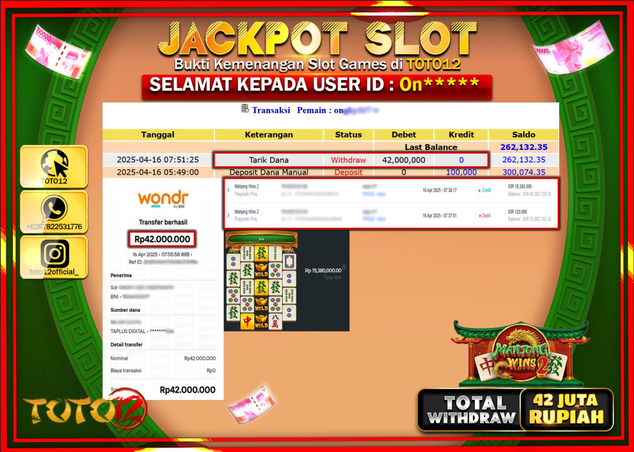 HANYA DI TOTO12 JP PASTI DI BAYAR LUNAS DAN CEPAT!!!!!! JACKPOT SLOT GAME (MAHJONG WINS 2) Rp.42.000.000 !!!!