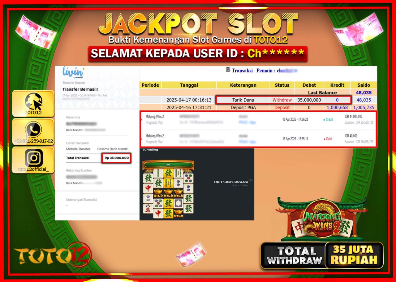HANYA DI TOTO12 JP PASTI DI BAYAR LUNAS DAN CEPAT!!!!!! JACKPOT SLOT GAME (MAHJONG WINS 2) Rp.35.000.000 !!!!