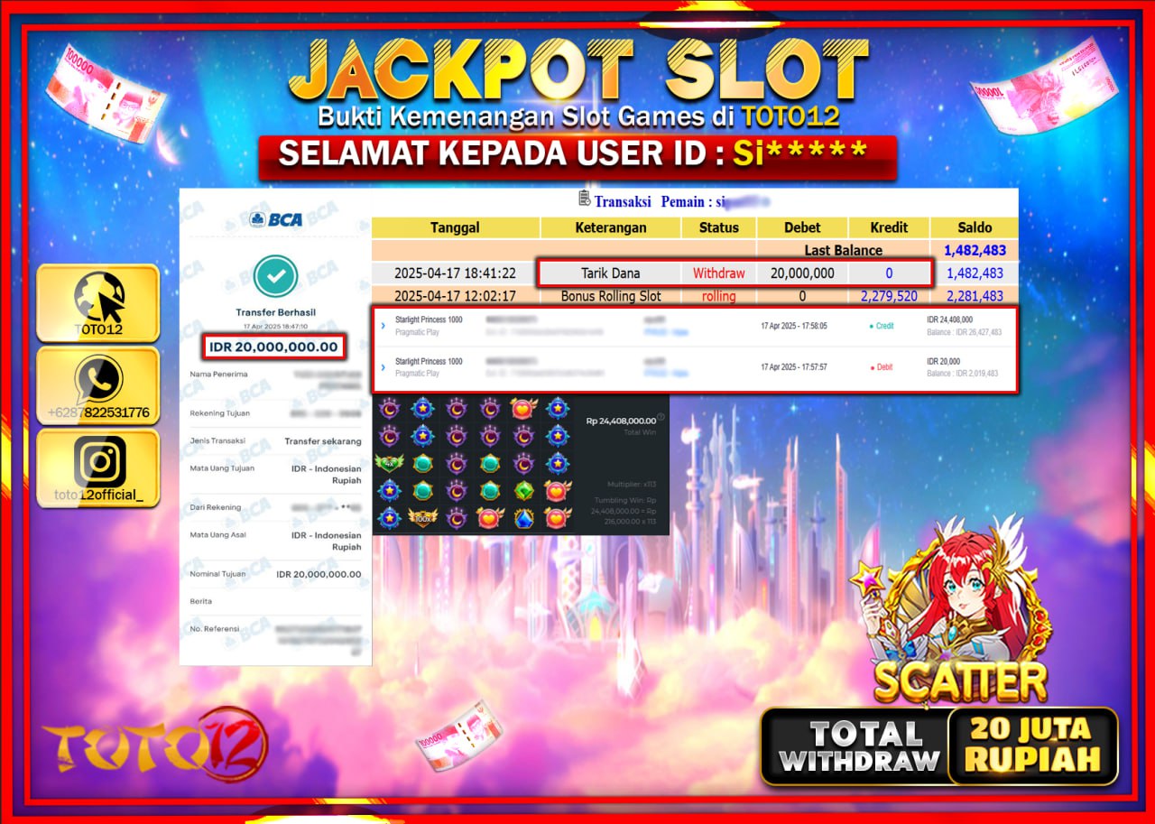 HANYA DI TOTO12 JP PASTI DI BAYAR LUNAS DAN CEPAT!!!!!! JACKPOT SLOT GAME (STARLIGHT PRINCESS 1000) Rp.20.000.000 !!!!