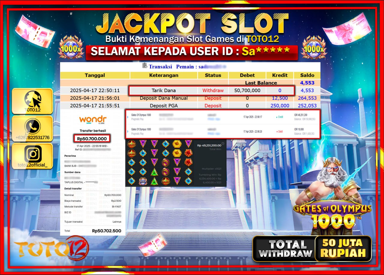 HANYA DI TOTO12 JP PASTI DI BAYAR LUNAS DAN CEPAT!!!!!! JACKPOT SLOT GAME (GATES OF OLYMPUS 1000) Rp.50.000.000 !!!!