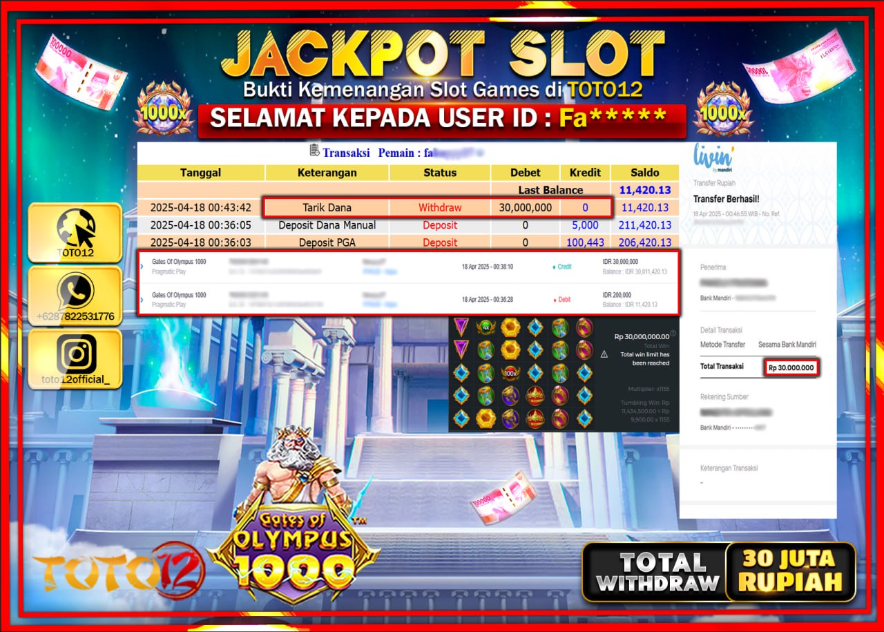 HANYA DI TOTO12 JP PASTI DI BAYAR LUNAS DAN CEPAT!!!!!! JACKPOT SLOT GAME (GATES OF OLYMPUS 1000) Rp.30.000.000 !!!!