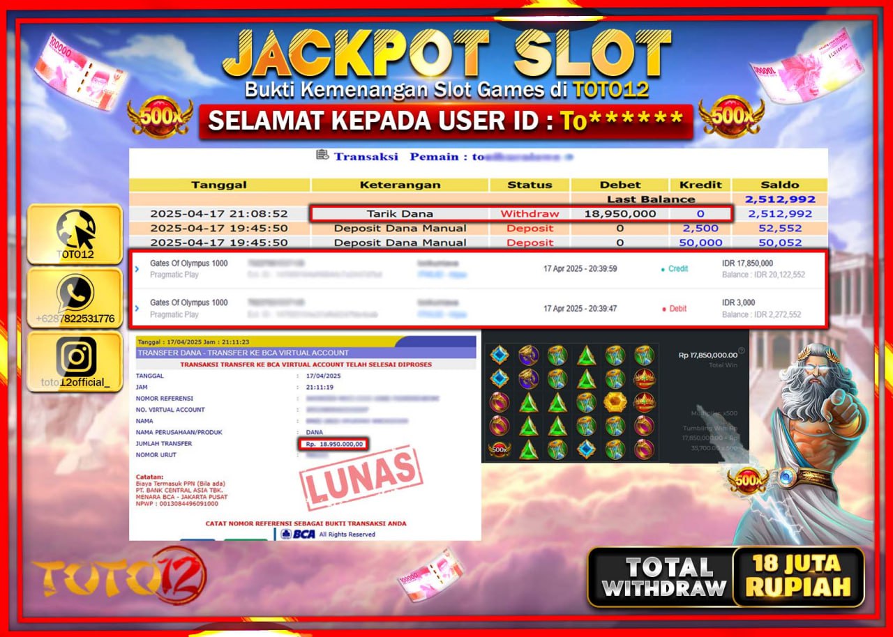 HANYA DI TOTO12 JP PASTI DI BAYAR LUNAS DAN CEPAT!!!!!! JACKPOT SLOT GAME (GATES OF OLYMPUS 1000) Rp.18.000.000 !!!!
