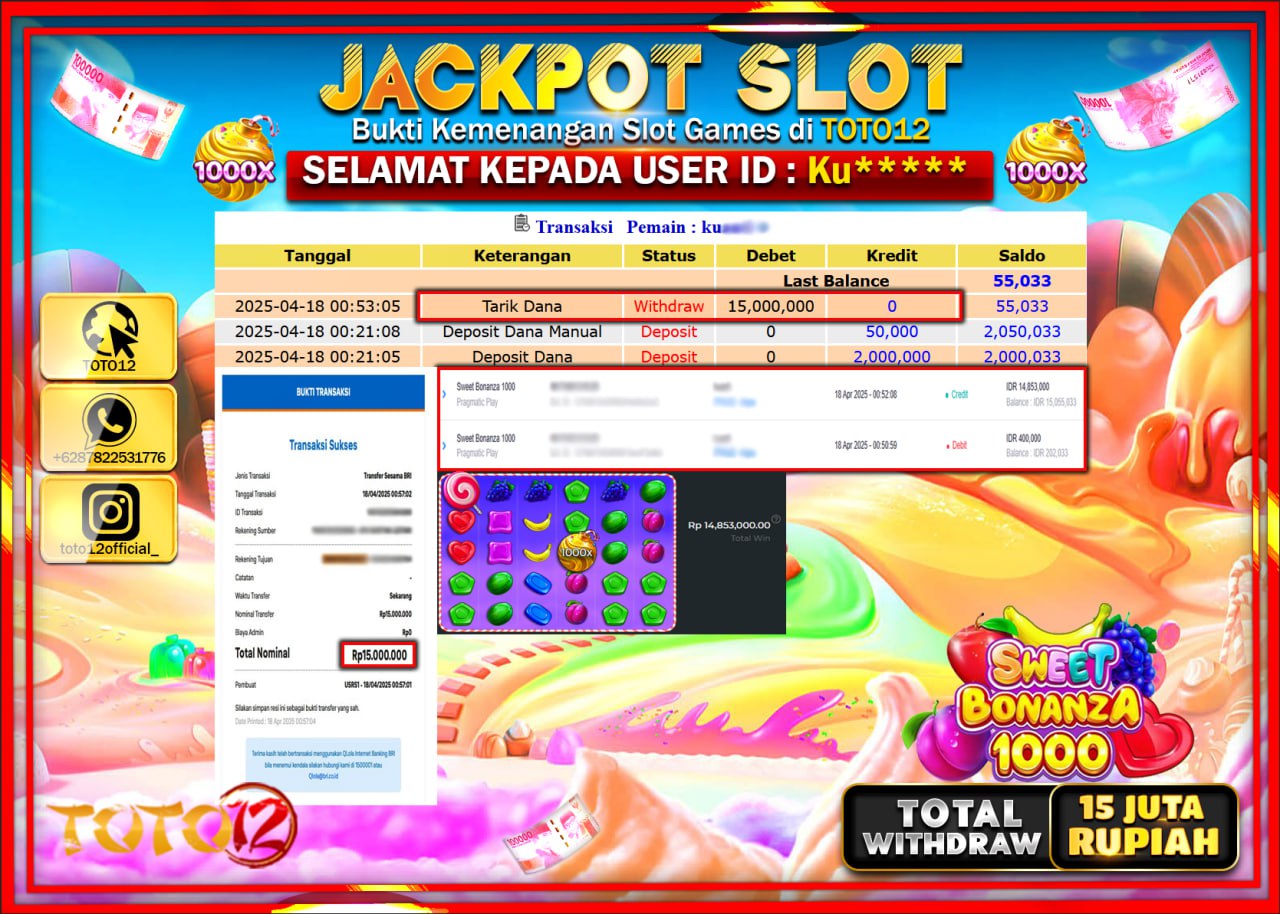 HANYA DI TOTO12 JP PASTI DI BAYAR LUNAS DAN CEPAT!!!!!! JACKPOT SLOT GAME (SWEET BONANZA 1000) Rp.15.000.000 !!!!