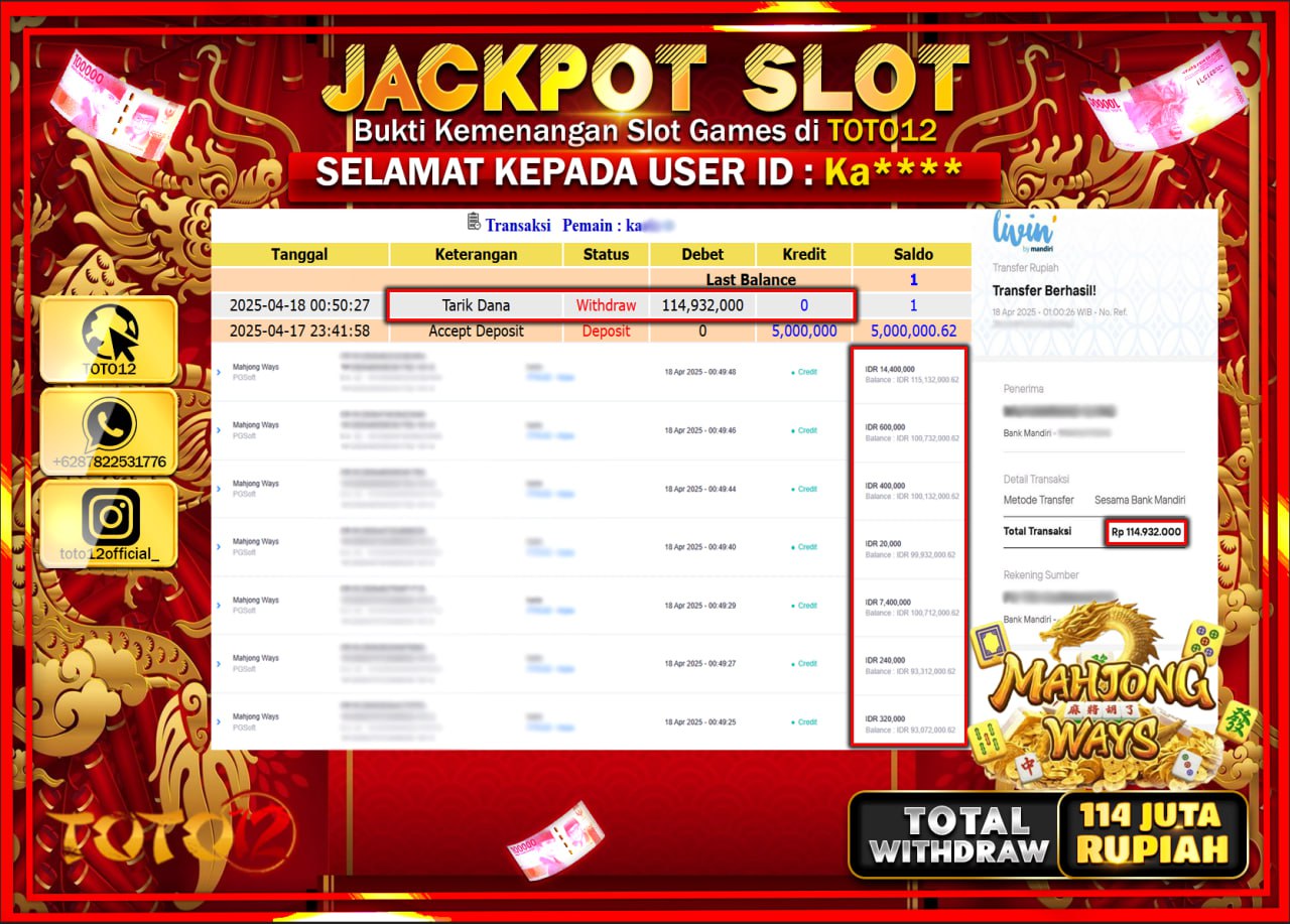 HANYA DI TOTO12 JP PASTI DI BAYAR LUNAS DAN CEPAT!!!!!! JACKPOT SLOT GAME (MAHJONG WAYS) Rp.114.000.000 !!!!
