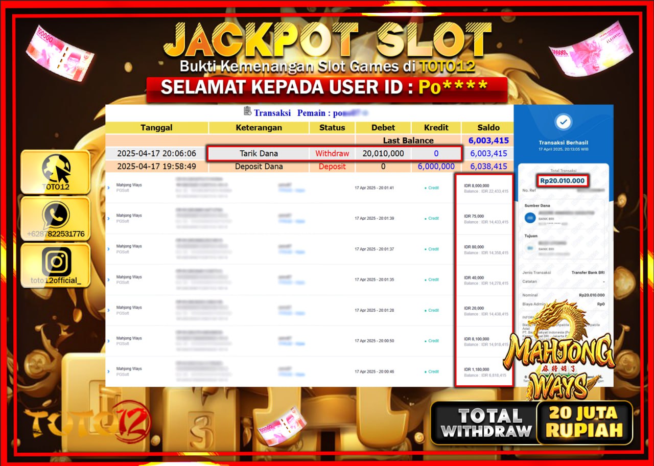 HANYA DI TOTO12 JP PASTI DI BAYAR LUNAS DAN CEPAT!!!!!! JACKPOT SLOT GAME (MAHJONG WAYS) Rp.20.000.000 !!!!