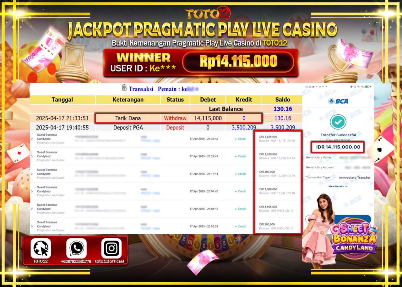 HANYA DI TOTO12 JP PASTI DI BAYAR LUNAS DAN CEPAT!!!!!! JACKPOT PRAGMATIC PLAY LIVE CASINO (SWEET BONANZA CANDY LAND) Rp.14.115.000 !!!!