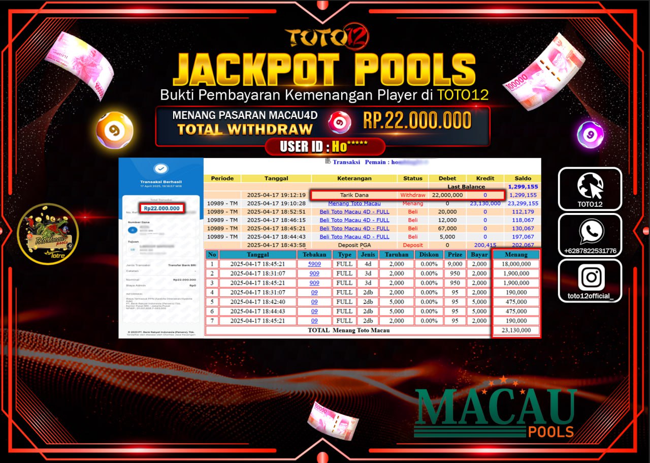 HANYA DI TOTO12 JP PASTI DI BAYAR LUNAS DAN CEPAT!!!!!! JACKPOT POOLS PASARAN (TOTO MACAU4D) Rp.22.000.000 !!!!