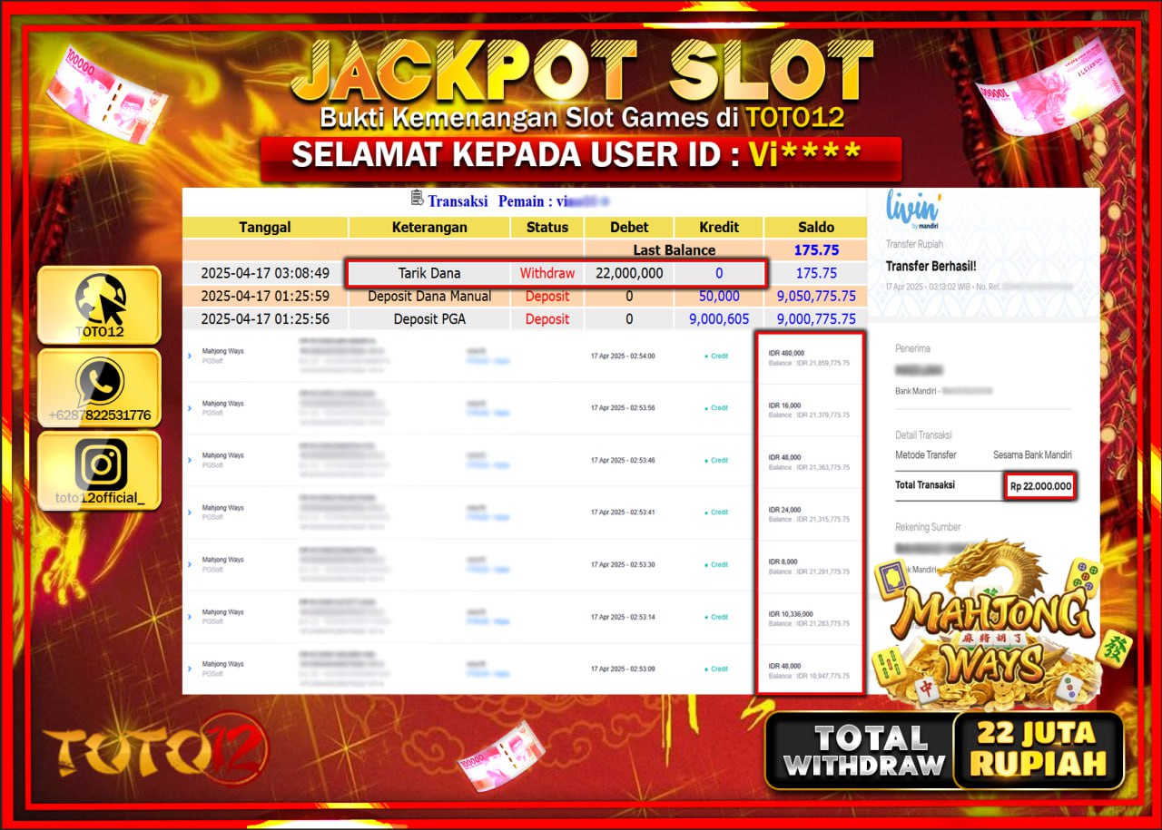 HANYA DI TOTO12 JP PASTI DI BAYAR LUNAS DAN CEPAT!!!!!! JACKPOT SLOT GAME (MAHJONG WAYS) Rp.22.000.000 !!!!