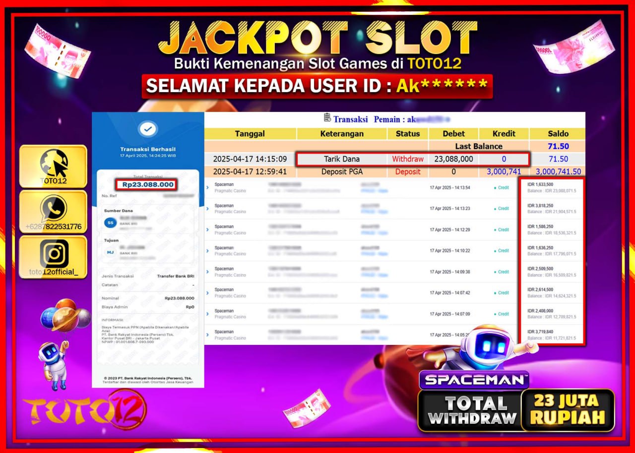 HANYA DI TOTO12 JP PASTI DI BAYAR LUNAS DAN CEPAT!!!!!! JACKPOT SLOT GAME (SPACEMAN) Rp.23.000.000 !!!!