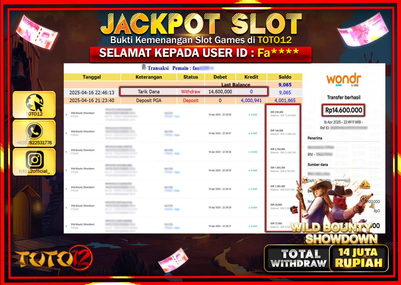 HANYA DI TOTO12 JP PASTI DI BAYAR LUNAS DAN CEPAT!!!!!! JACKPOT SLOT GAME (WILD BOUNTY SHOWDOWN) Rp.14.000.000 !!!!