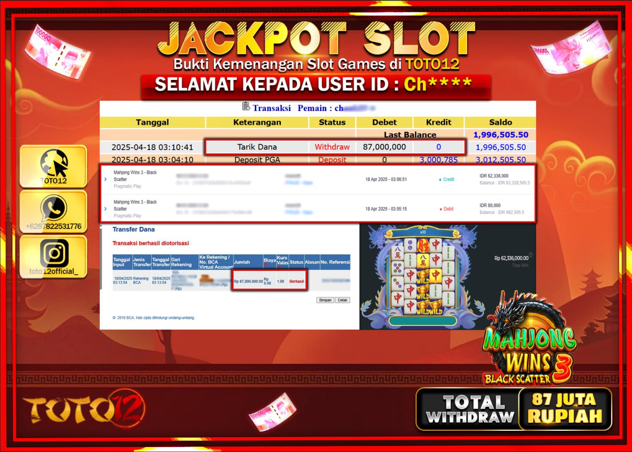 HANYA DI TOTO12 JP PASTI DI BAYAR LUNAS DAN CEPAT!!!!!! JACKPOT SLOT GAME (MAHJONG WINS 3 BLACK SCATTER) Rp.87.000.000 !!!!