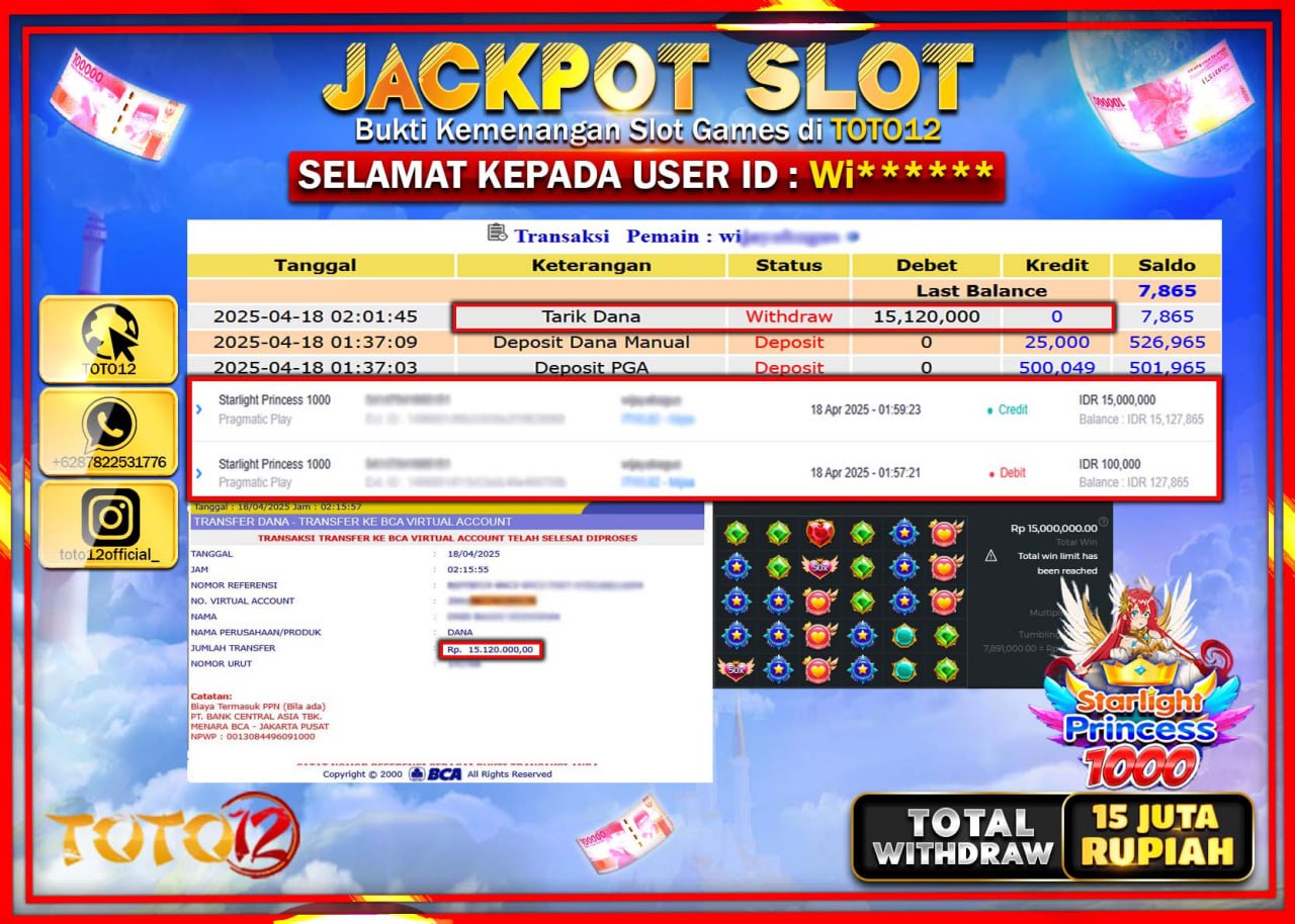 HANYA DI TOTO12 JP PASTI DI BAYAR LUNAS DAN CEPAT!!!!!! JACKPOT SLOT GAME (STARLIGHT PRINCESS 1000) Rp.15.000.000 !!!!