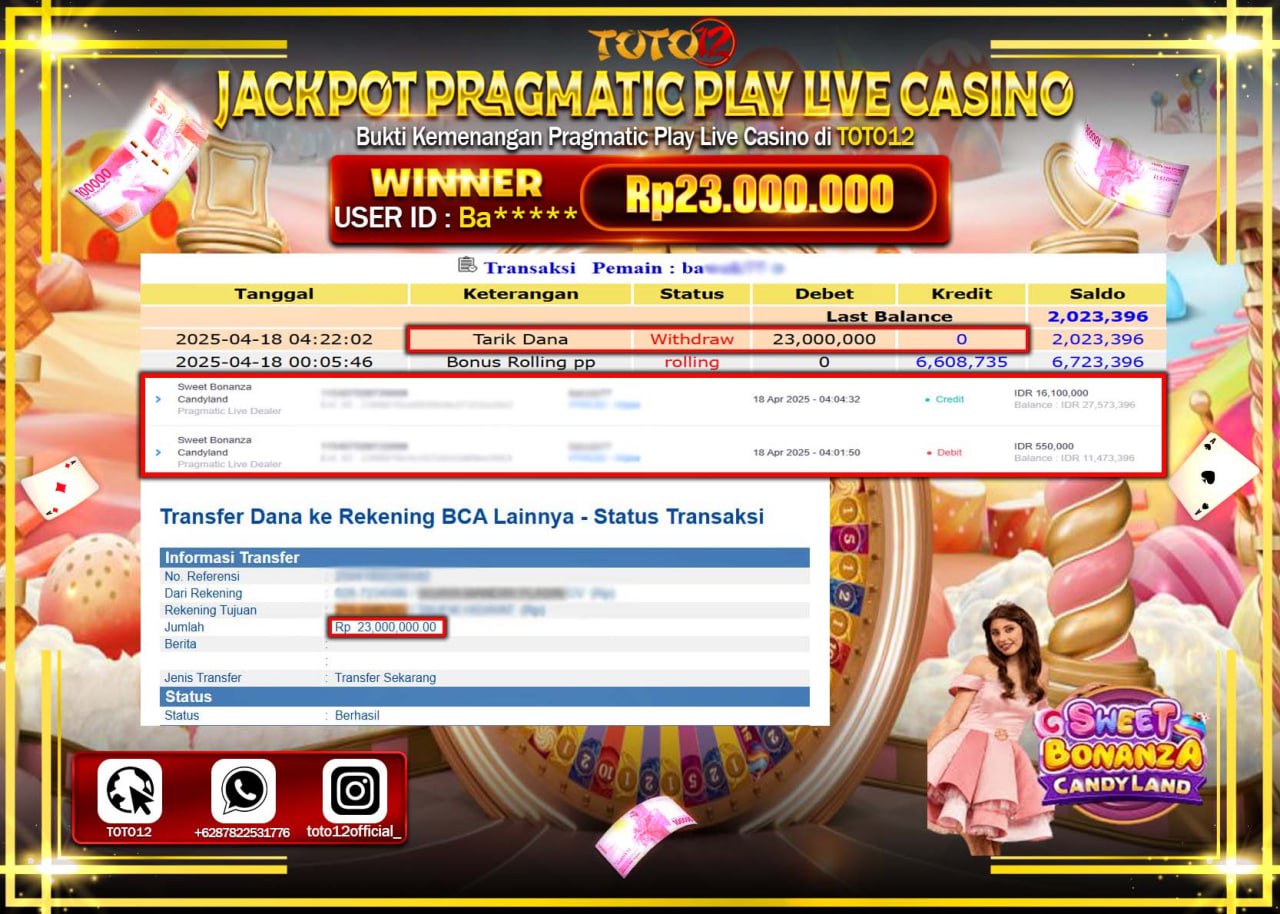 HANYA DI TOTO12 JP PASTI DI BAYAR LUNAS DAN CEPAT!!!!!! JACKPOT PRAGMATIC PLAY LIVE CASINO (SWEET BONANZA CANDY LAND) Rp.23.000.000 !!!!