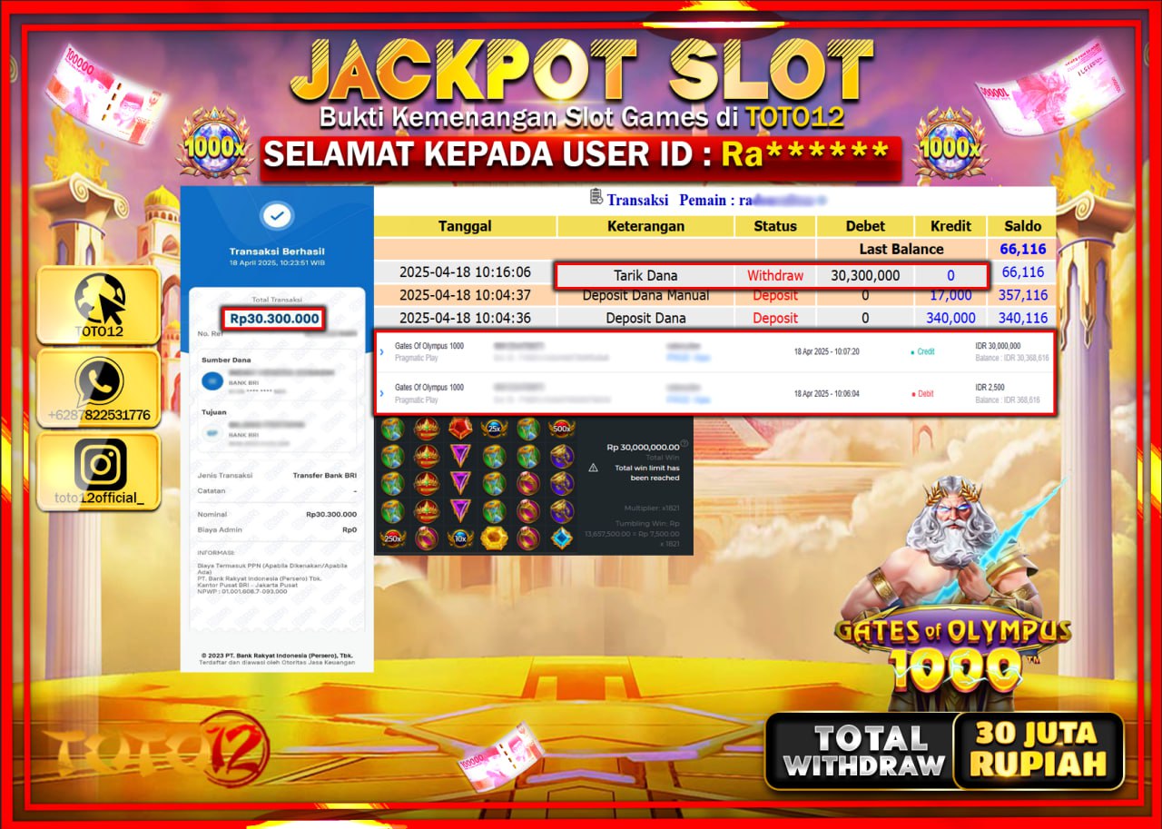 HANYA DI TOTO12 JP PASTI DI BAYAR LUNAS DAN CEPAT!!!!!! JACKPOT SLOT GAME (GATES OF OLYMPUS 1000) Rp.30.000.000 !!!!