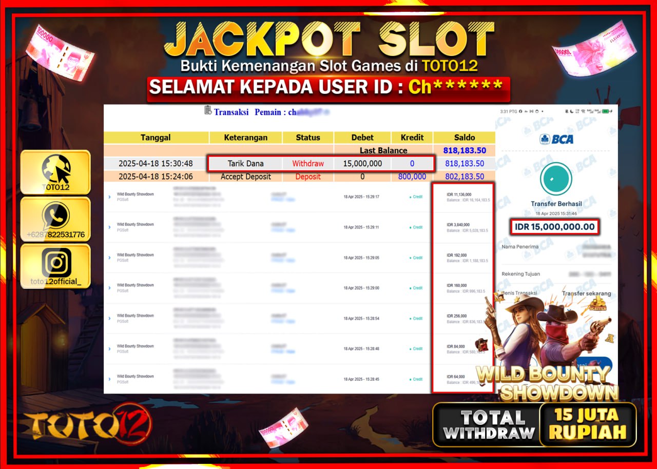 HANYA DI TOTO12 JP PASTI DI BAYAR LUNAS DAN CEPAT!!!!!! JACKPOT SLOT GAME (WILD BOUNTY SHOWDOWN) Rp.15.000.000 !!!!