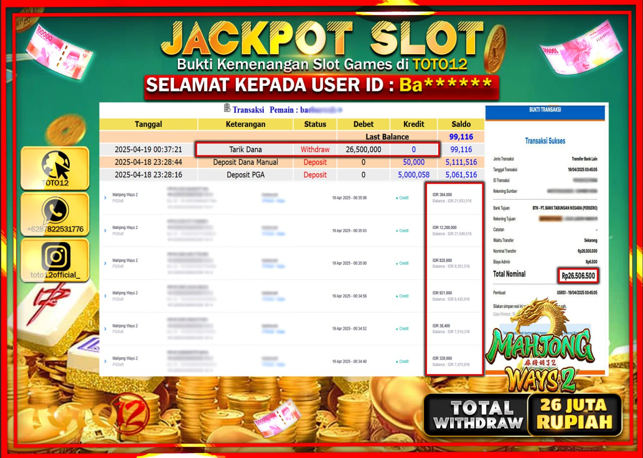 HANYA DI TOTO12 JP PASTI DI BAYAR LUNAS DAN CEPAT!!!!!! JACKPOT SLOT GAME (MAHJONG WAYS 2) Rp.26.000.000 !!!!