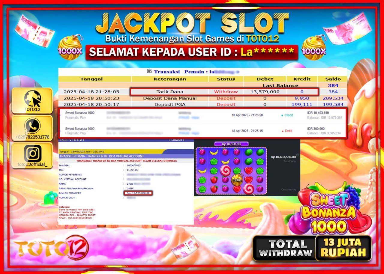 HANYA DI TOTO12 JP PASTI DI BAYAR LUNAS DAN CEPAT!!!!!! JACKPOT SLOT GAME (SWEET BONANZA 1000) Rp.13.000.000 !!!!