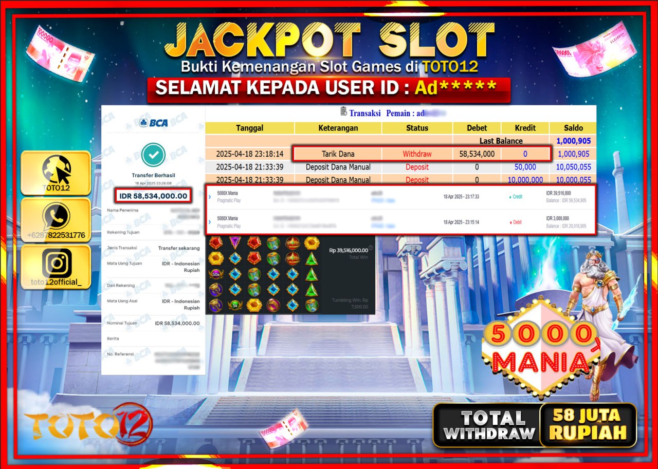 HANYA DI TOTO12 JP PASTI DI BAYAR LUNAS DAN CEPAT!!!!!! JACKPOT SLOT GAME (5000X MANIA) Rp.58.000.000 !!!!