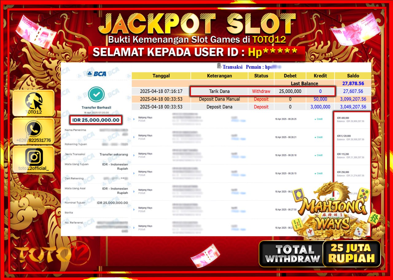 HANYA DI TOTO12 JP PASTI DI BAYAR LUNAS DAN CEPAT!!!!!! JACKPOT SLOT GAME (MAHJONG WAYS) Rp.25.000.000 !!!!
