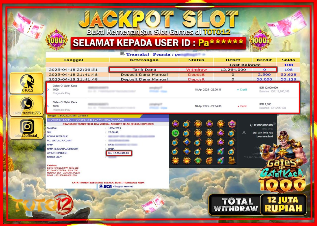 HANYA DI TOTO12 JP PASTI DI BAYAR LUNAS DAN CEPAT!!!!!! JACKPOT SLOT GAME (GATES OF GATOT GACA 1000) Rp.12.000.000 !!!!