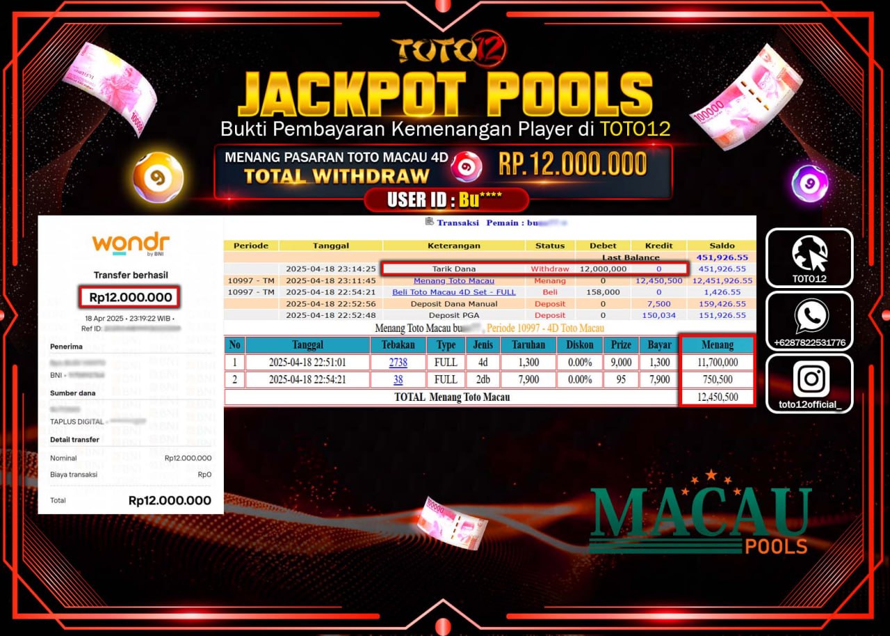 HANYA DI TOTO12 JP PASTI DI BAYAR LUNAS DAN CEPAT!!!!!! JACKPOT POOLS PASARAN (TOTO MACAU4D) Rp.12.000.000 !!!!