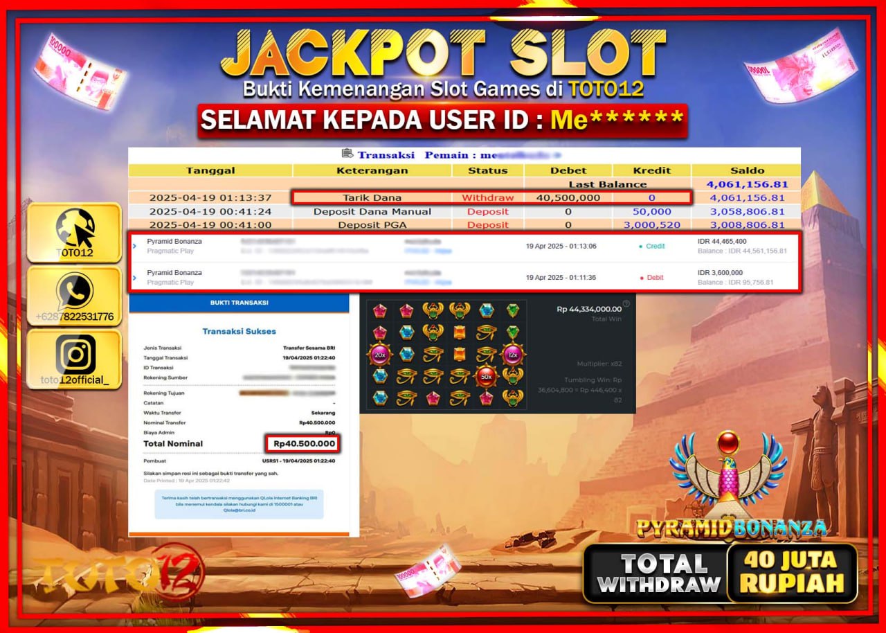 HANYA DI TOTO12 JP PASTI DI BAYAR LUNAS DAN CEPAT!!!!!! JACKPOT SLOT GAME (PYRAMID BONANZA) Rp.40.000.000 !!!!