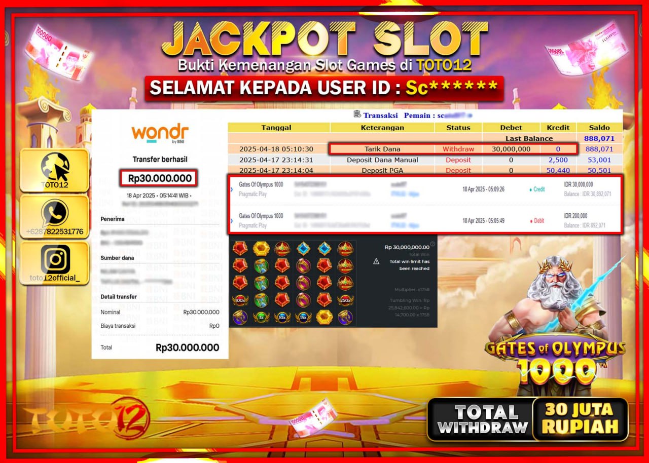 HANYA DI TOTO12 JP PASTI DI BAYAR LUNAS DAN CEPAT!!!!!! JACKPOT SLOT GAME (GATES OF OLYMPUS 1000) Rp.30.000.000 !!!!