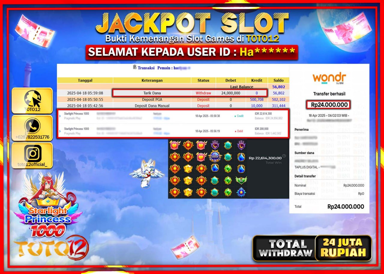 HANYA DI TOTO12 JP PASTI DI BAYAR LUNAS DAN CEPAT!!!!!! JACKPOT SLOT GAME (STARLIGHT PRINCESS 1000) Rp.24.000.000 !!!!