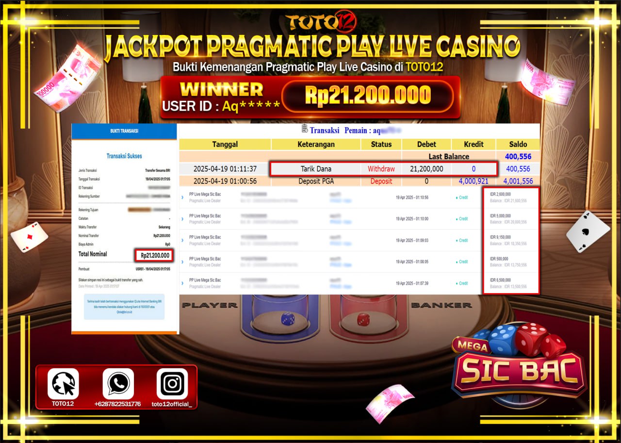 HANYA DI TOTO12 JP PASTI DI BAYAR LUNAS DAN CEPAT!!!!!! JACKPOT PRAGMATIC PLAY LIVE CASINO (MEGA SIC BAC) Rp.21.200.000 !!!!