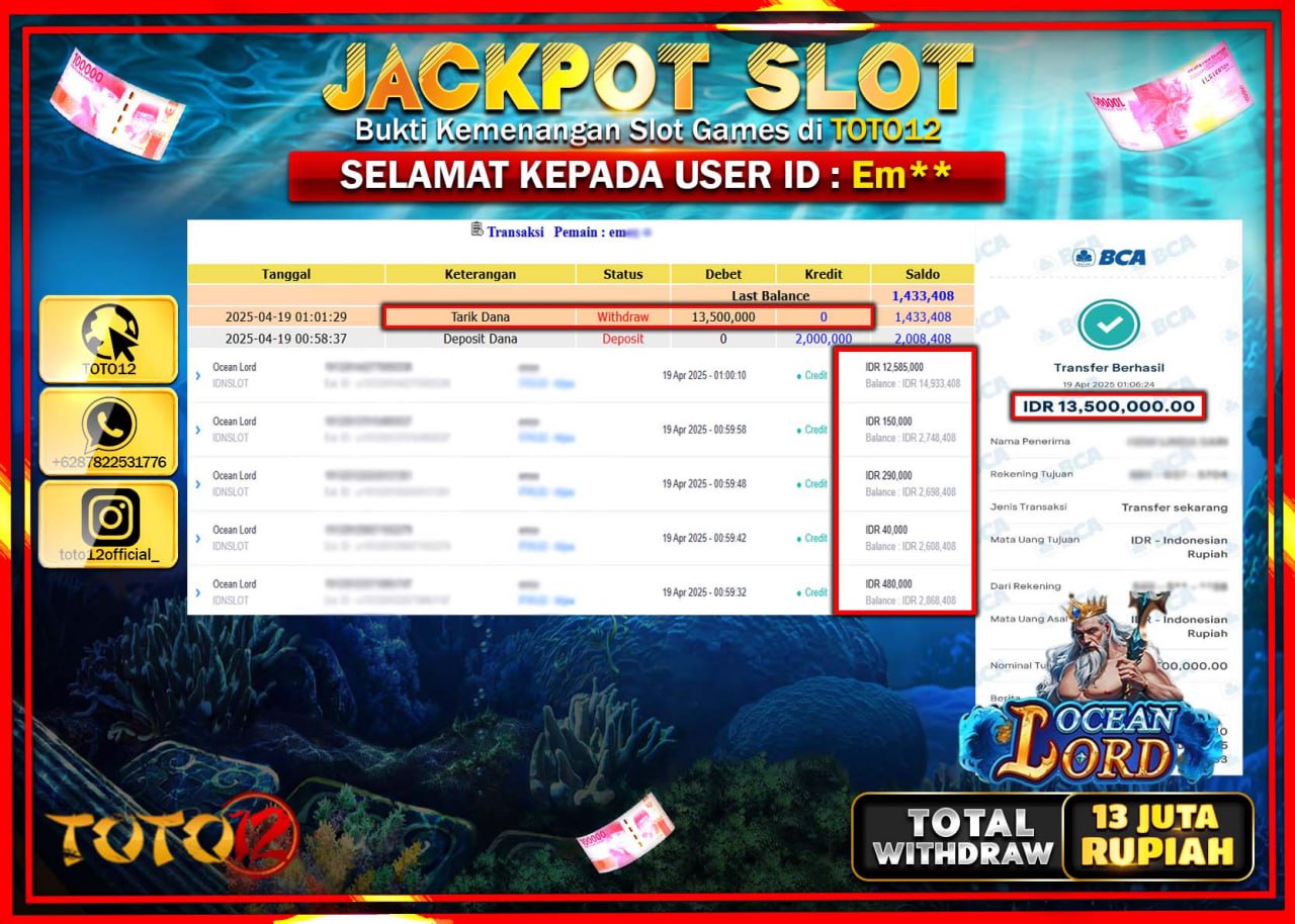 HANYA DI TOTO12 JP PASTI DI BAYAR LUNAS DAN CEPAT!!!!!! JACKPOT SLOT GAME (OCEAN LORD) Rp.13.000.000 !!!!