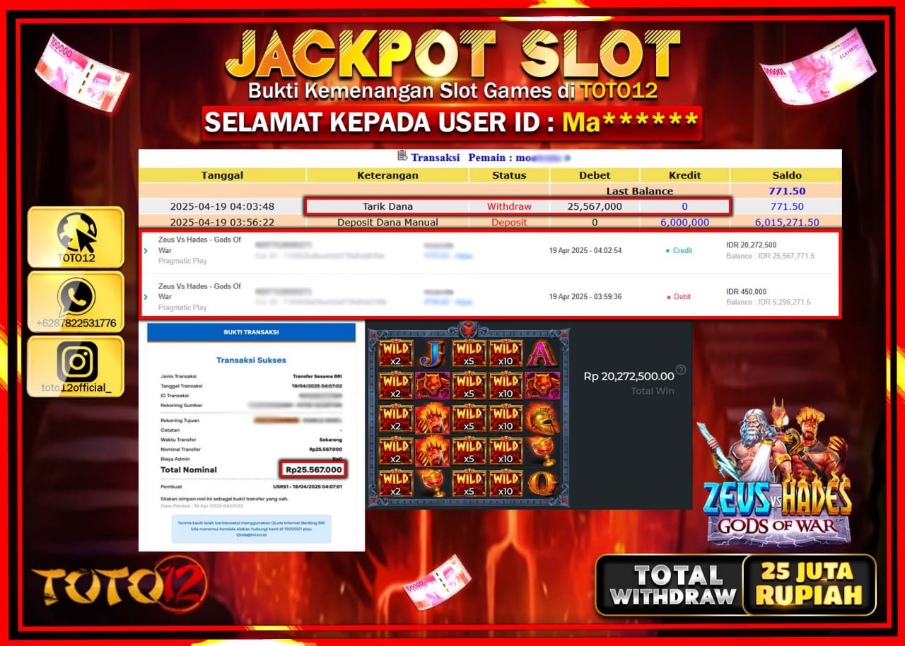 HANYA DI TOTO12 JP PASTI DI BAYAR LUNAS DAN CEPAT!!!!!! JACKPOT SLOT GAME (ZEUS VS HADES GODS OF WAR) Rp.25.000.000 !!!!