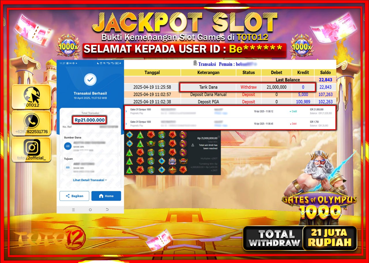 HANYA DI TOTO12 JP PASTI DI BAYAR LUNAS DAN CEPAT!!!!!! JACKPOT SLOT GAME (GATES OF OLYMPUS 1000) Rp.21.000.000 !!!!