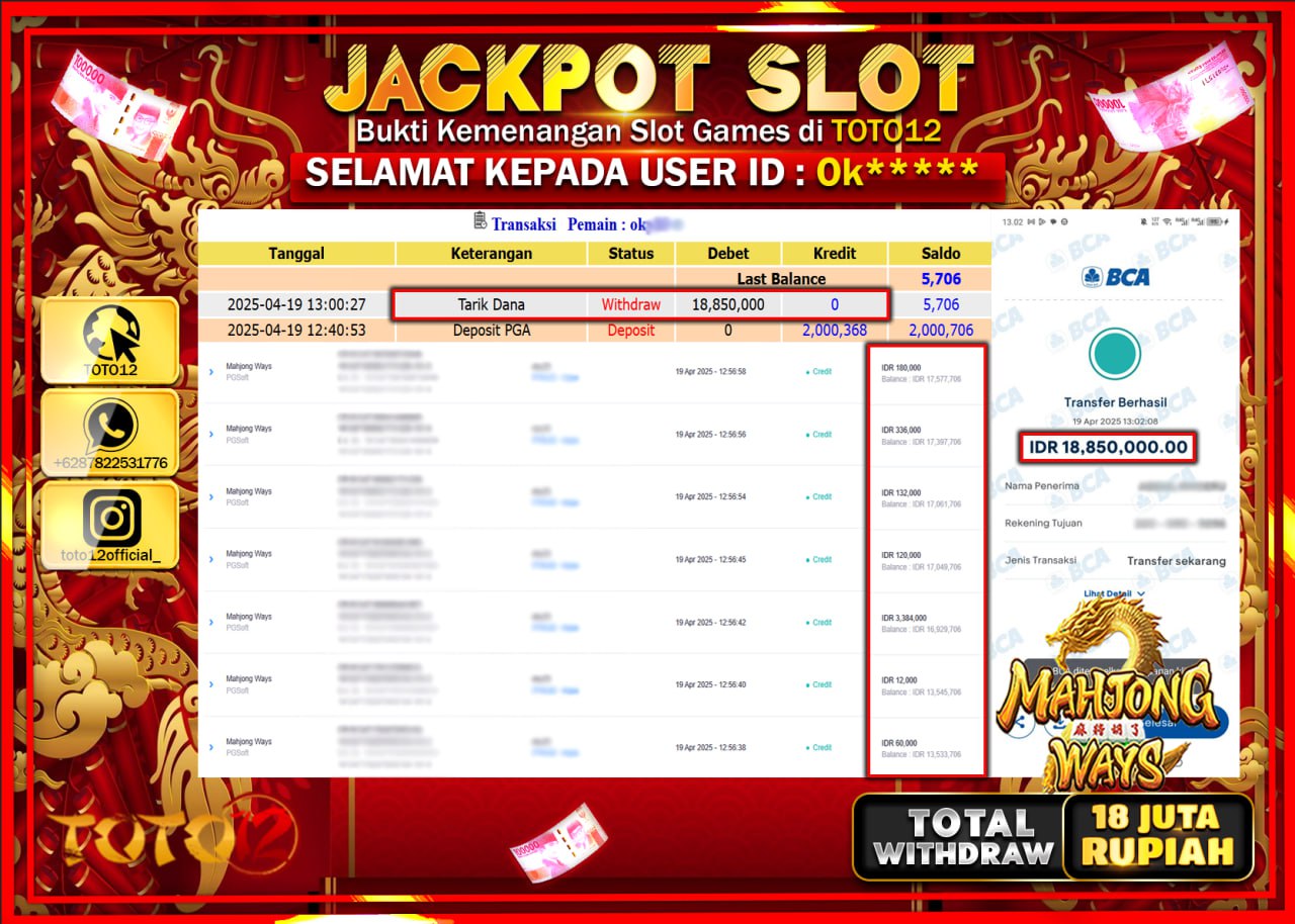 HANYA DI TOTO12 JP PASTI DI BAYAR LUNAS DAN CEPAT!!!!!! JACKPOT SLOT GAME (MAHJONG WAYS) Rp.18.000.000 !!!!