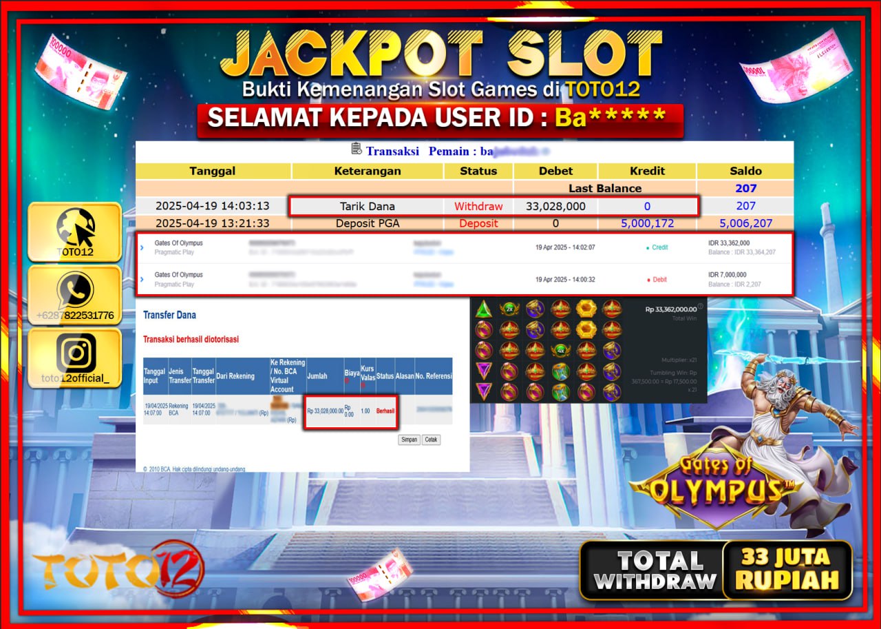 HANYA DI TOTO12 JP PASTI DI BAYAR LUNAS DAN CEPAT!!!!!! JACKPOT SLOT GAME (GATES OF OLYMPUS) Rp.33.000.000 !!!!