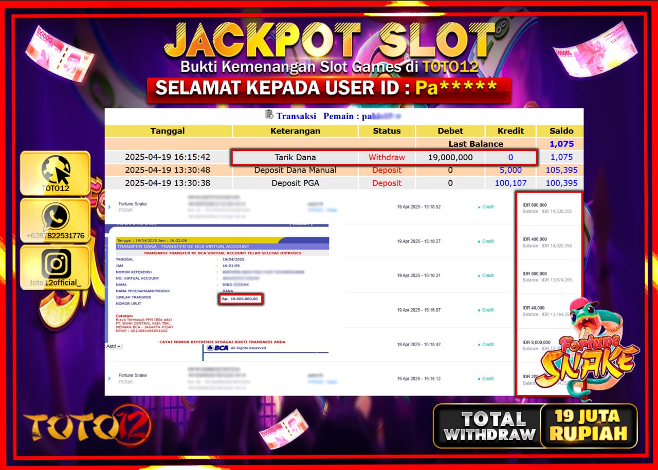 HANYA DI TOTO12 JP PASTI DI BAYAR LUNAS DAN CEPAT!!!!!! JACKPOT SLOT GAME (FORTUNE SNAKE) Rp.19.000.000 !!!!