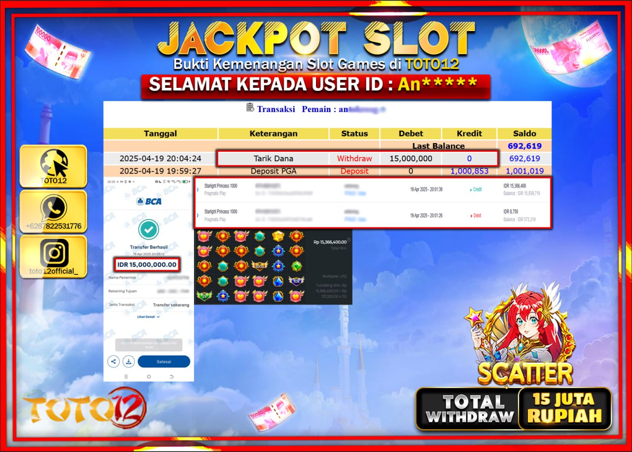 HANYA DI TOTO12 JP PASTI DI BAYAR LUNAS DAN CEPAT!!!!!! JACKPOT SLOT GAME (STARLIGHT PRINCESS 1000) Rp.15.000.000 !!!!