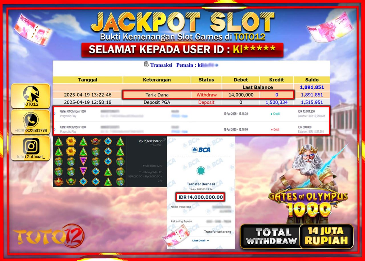 HANYA DI TOTO12 JP PASTI DI BAYAR LUNAS DAN CEPAT!!!!!! JACKPOT SLOT GAME (GATES OF OLYMPUS 1000) Rp.14.000.000 !!!!