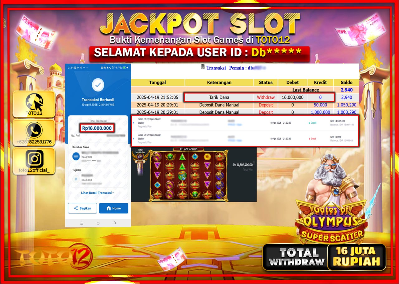 HANYA DI TOTO12 JP PASTI DI BAYAR LUNAS DAN CEPAT!!!!!! JACKPOT SLOT GAME (GATES OF OLYMPUS SUPER SCATTER) Rp.16.000.000 !!!!