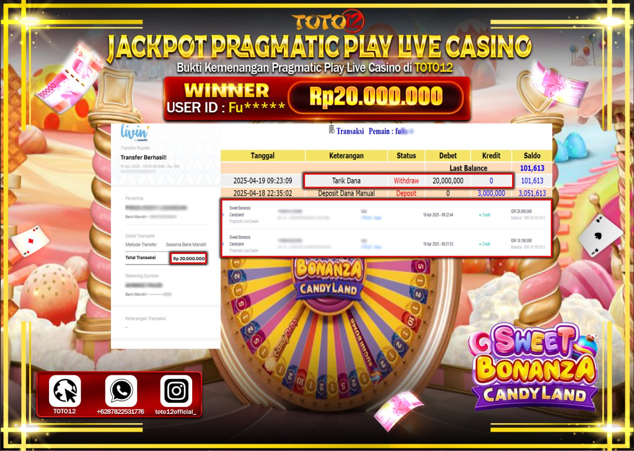 HANYA DI TOTO12 JP PASTI DI BAYAR LUNAS DAN CEPAT!!!!!! JACKPOT PRAGMATIC PLAY LIVE CASINO (SWEET BONANZA CANDY LAND) Rp.20.000.000 !!!!