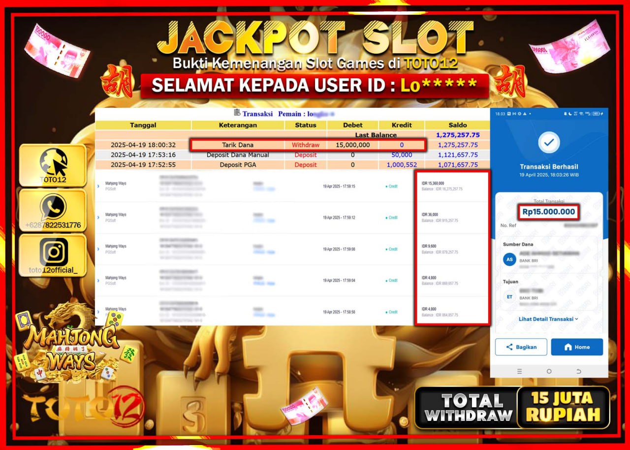 HANYA DI TOTO12 JP PASTI DI BAYAR LUNAS DAN CEPAT!!!!!! JACKPOT SLOT GAME (MAHJONG WAYS) Rp.15.000.000 !!!!