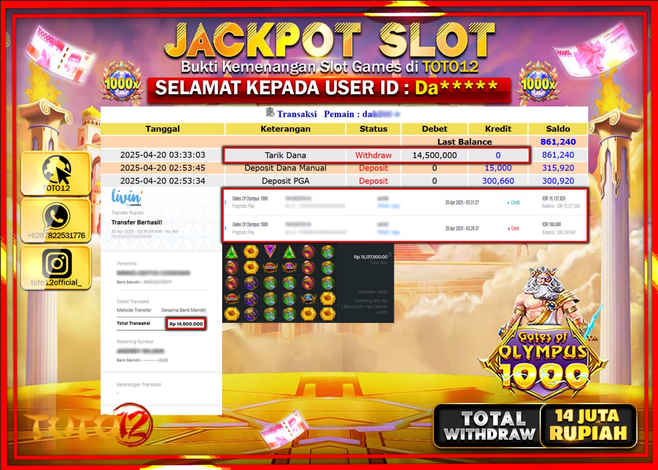 HANYA DI TOTO12 JP PASTI DI BAYAR LUNAS DAN CEPAT!!!!!! JACKPOT SLOT GAME (GATES OF OLYMPUS 1000) Rp.14.000.000 !!!!