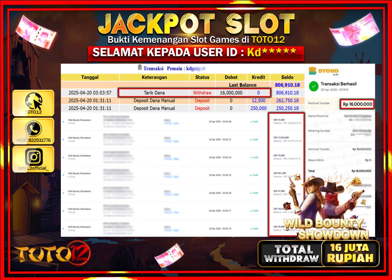 HANYA DI TOTO12 JP PASTI DI BAYAR LUNAS DAN CEPAT!!!!!! JACKPOT SLOT GAME (WILD BOUNTY SHOWDOWN) Rp.16.000.000 !!!!