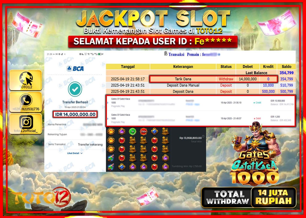 HANYA DI TOTO12 JP PASTI DI BAYAR LUNAS DAN CEPAT!!!!!! JACKPOT SLOT GAME (GATES OF GATOT KACA 1000) Rp.14.000.000 !!!!