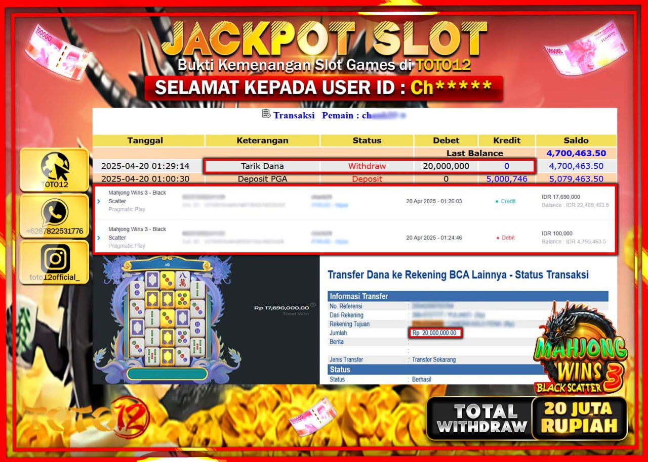 HANYA DI TOTO12 JP PASTI DI BAYAR LUNAS DAN CEPAT!!!!!! JACKPOT SLOT GAME (MAHJONG WINS 3 BLACK SCATTER) Rp.20.000.000 !!!!